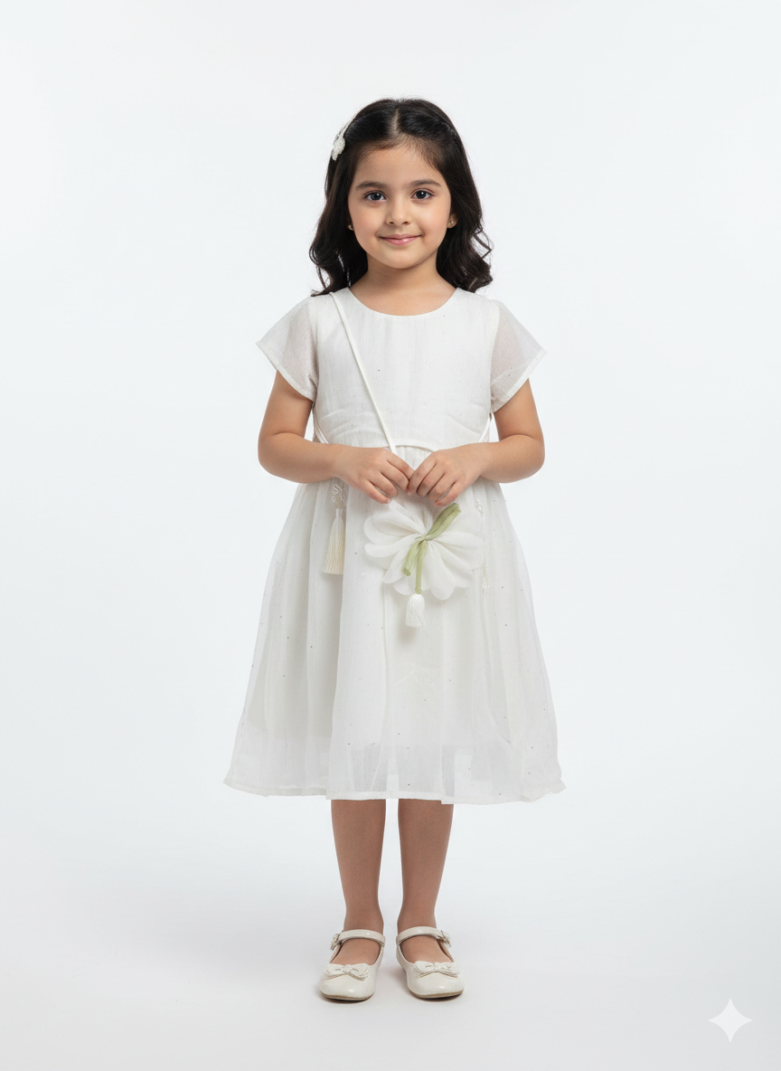 Girls Elegant Chiffon Flutter Sleeve Party Dress with Matching Floral Bag in Three Pastel Colors