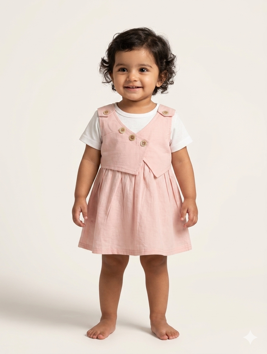 Toddler Girls Elegant Button-Front Pinafore Dress with Layered White Tee Two-Piece Outfit Set