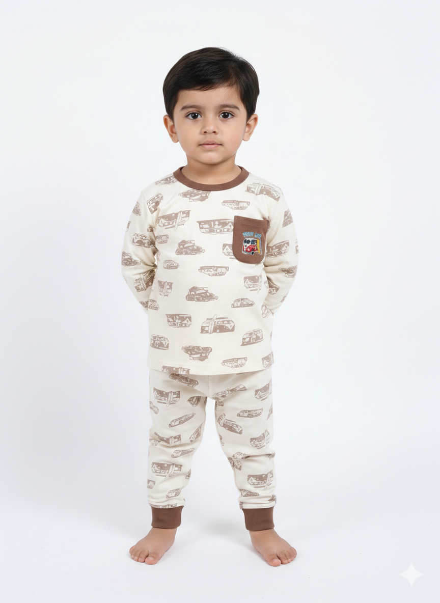China Imported Kids Night Suit – Car Print with Pocket | Soft Cotton Nightwear