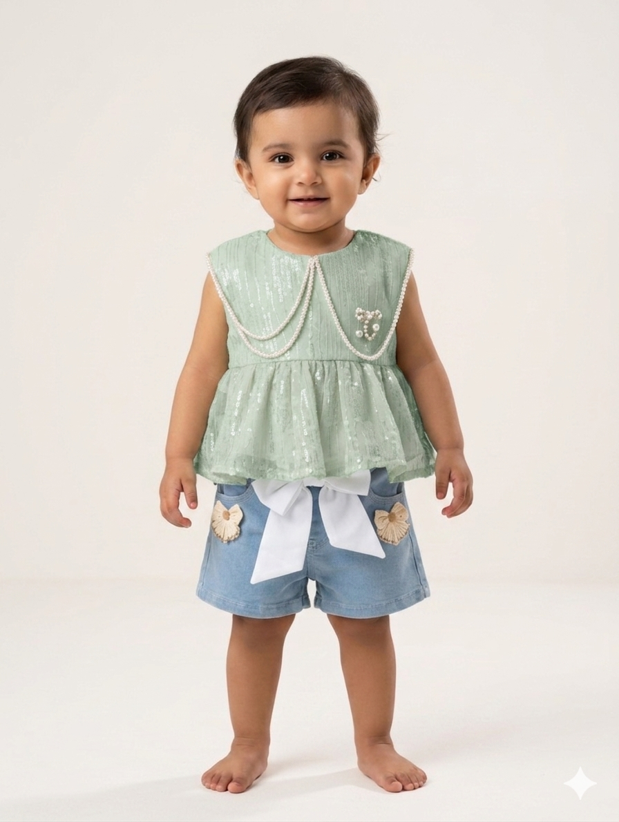 Adorable Baby Girls Peplum Top and Denim Shorts Set - Stylish Two-Piece Summer Boutique Outfit
