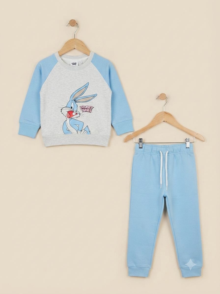 Stylish Kids Looney Tunes Bugs Bunny Graphic Raglan Sweatshirt With Full Length Trousers