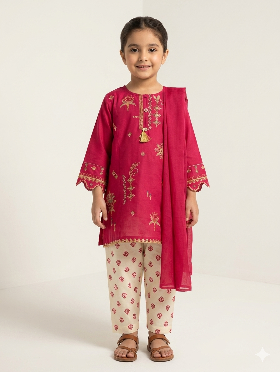 Girls Embroidered Lawn 3-Piece Suit with Printed Trousers and Matching Dupatta in Three Colors