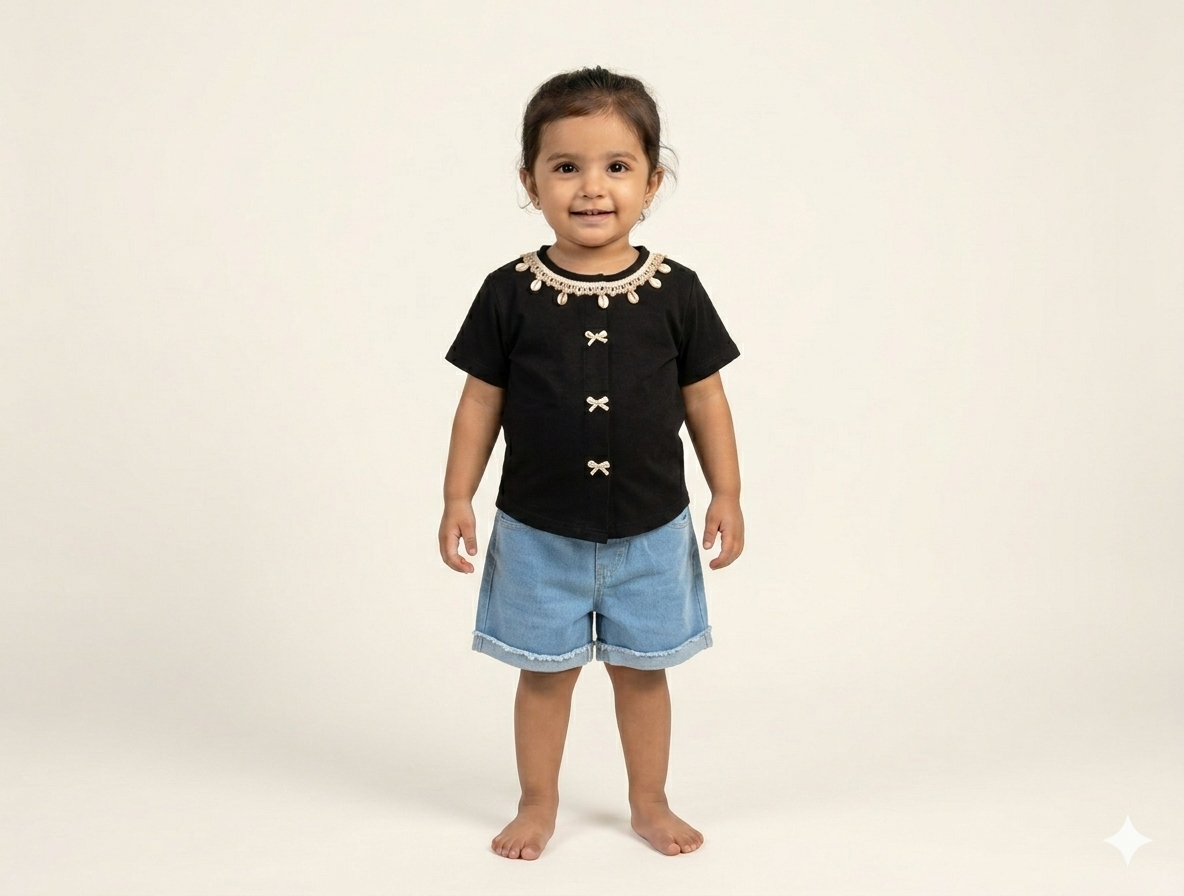 Toddler Girls' Embellished Pastel Tee and Cuffed Denim Shorts Two-Piece Summer Fashion Outfit Set