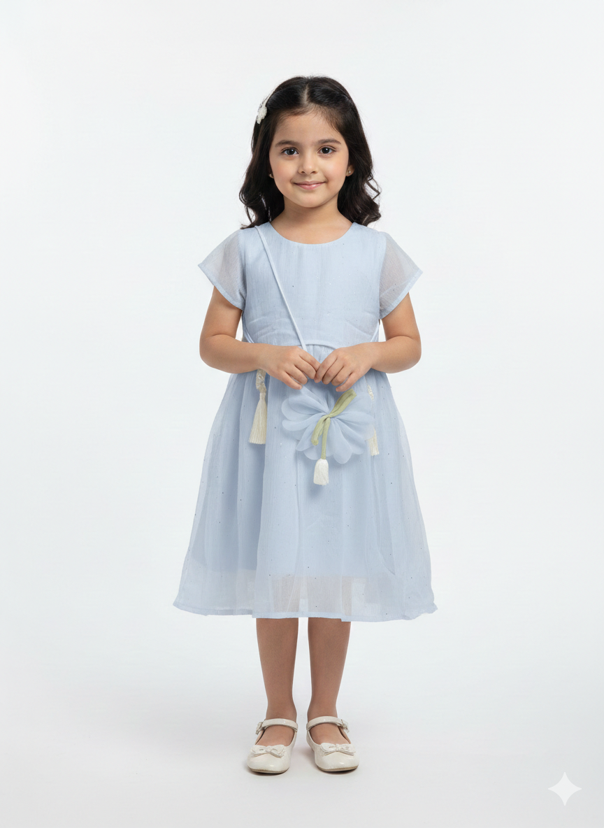 Girls Elegant Chiffon Flutter Sleeve Party Dress with Matching Floral Bag in Three Pastel Colors