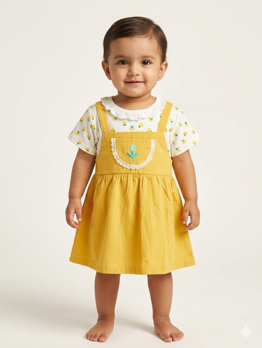 Toddler Girls Floral Print Peter Pan Collar T-Shirt and Corduroy Pinafore Dress Two-Piece Set