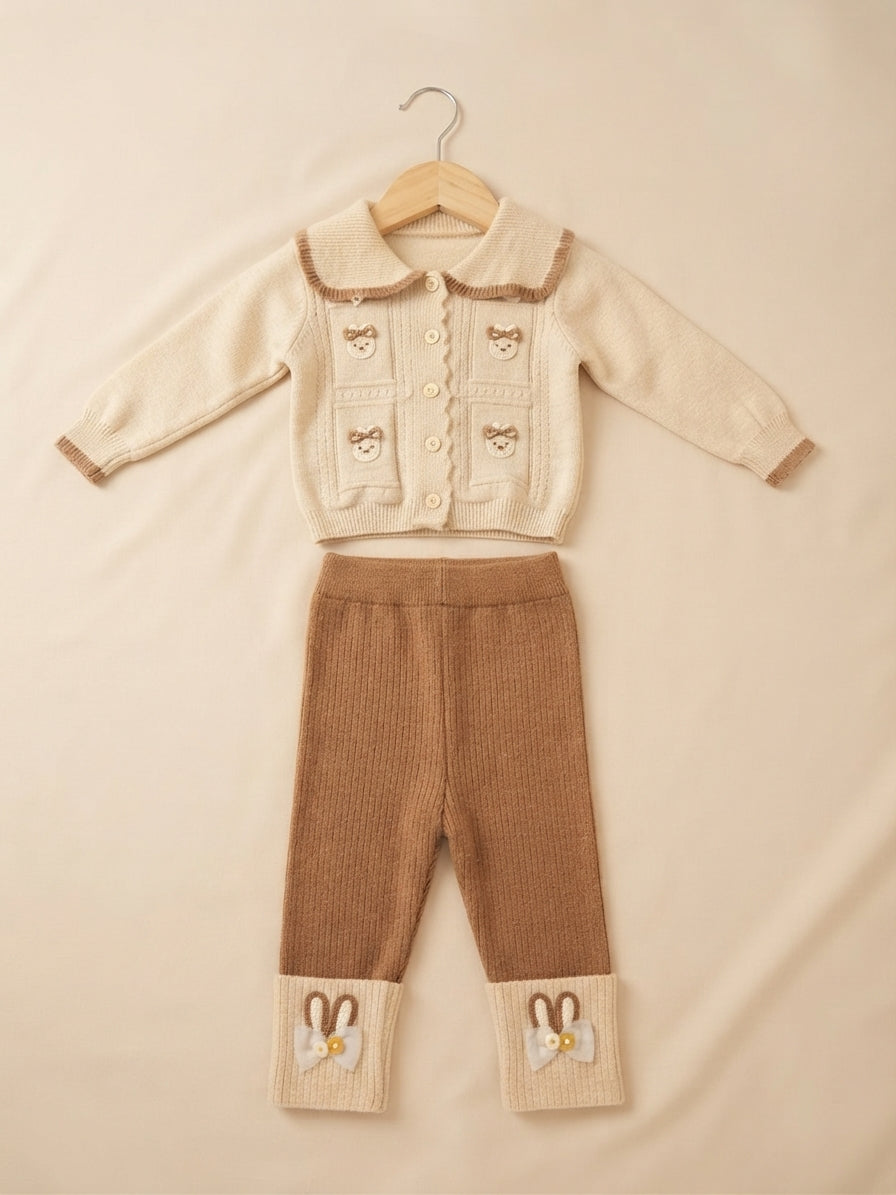 Charming Kids Knit Cardigan and Matching Pants Set Featuring Playful Mushroom Patterns