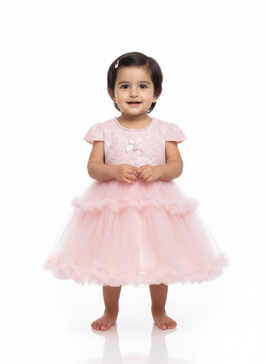 Girls' Elegant Tiered Tulle Princess Dress with Lace Bodice and Pearl Beaded Neckline Accent