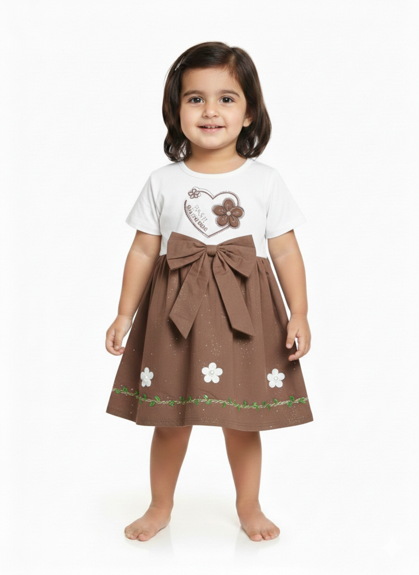 Girls' Sweet Heart Floral Jersey Dress with Oversized Waist Bow and Embroidered Details