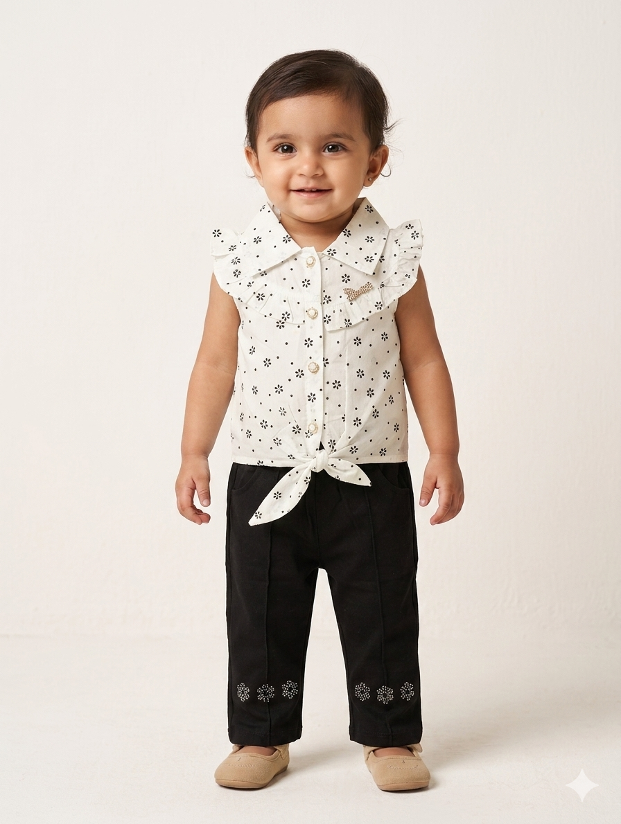 Toddler Girls Floral Tie-Front Sleeveless Shirt and Embroidered Black Pants Two-Piece Outfit Set