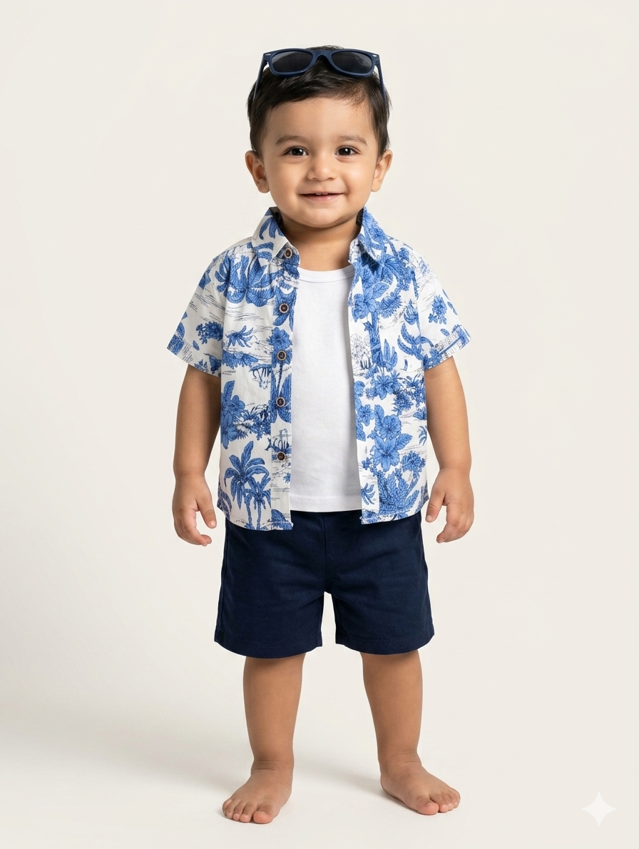 Toddler Boys' Blue Floral Tropical Button-Down Shirt and Navy Chino Shorts Two-Piece Summer Set
