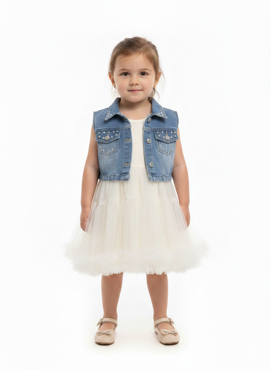 Toddler Girls Cream Tulle Tutu Dress with Embellished Denim Vest and Feather Trim Hem