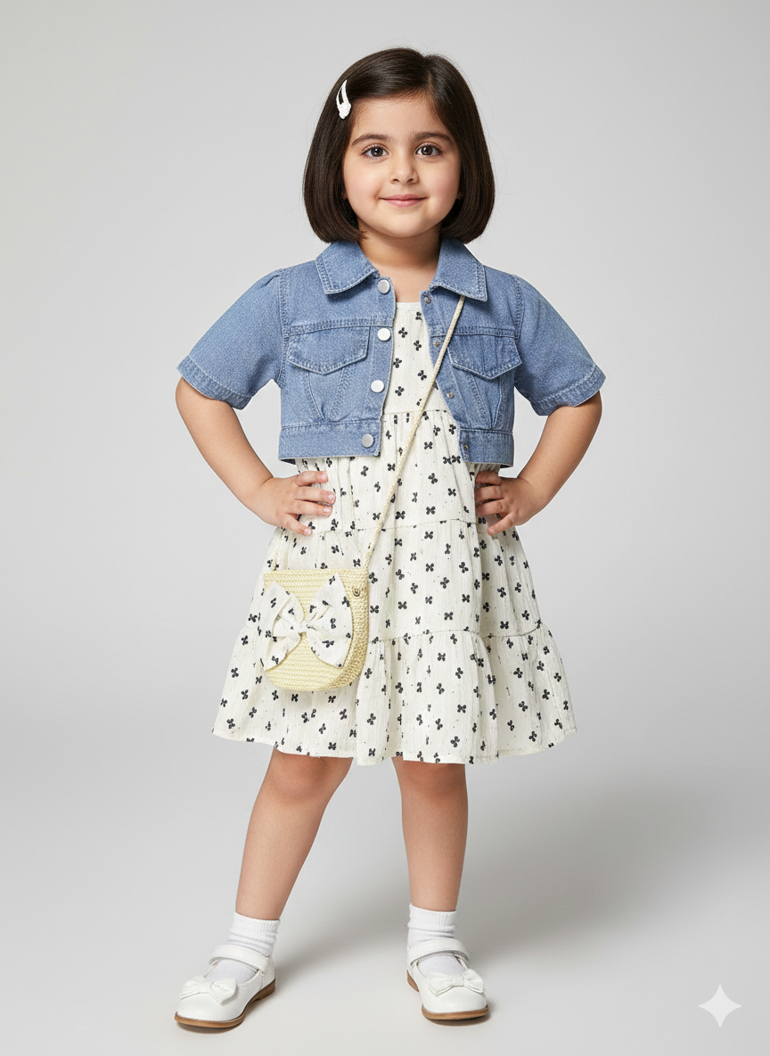 Girls Stylish Floral Tiered Dress with Denim Jacket and Matching Bow Straw Crossbody Bag