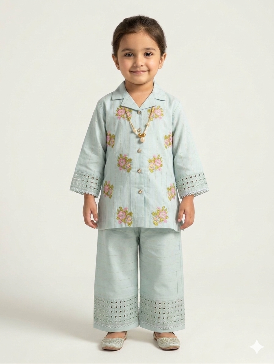 Little Girls Elegant Embroidered Cotton Lawn Two-Piece Floral Co-ord Set in Three Pastel Shades