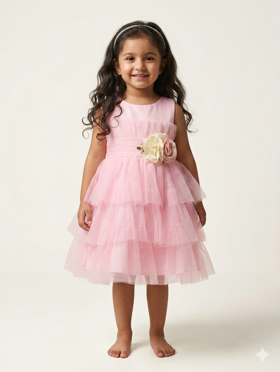 Elegant Sleeveless Tiered Tulle Flower Girl Dress with Floral Waist Detail for Special Occasions
