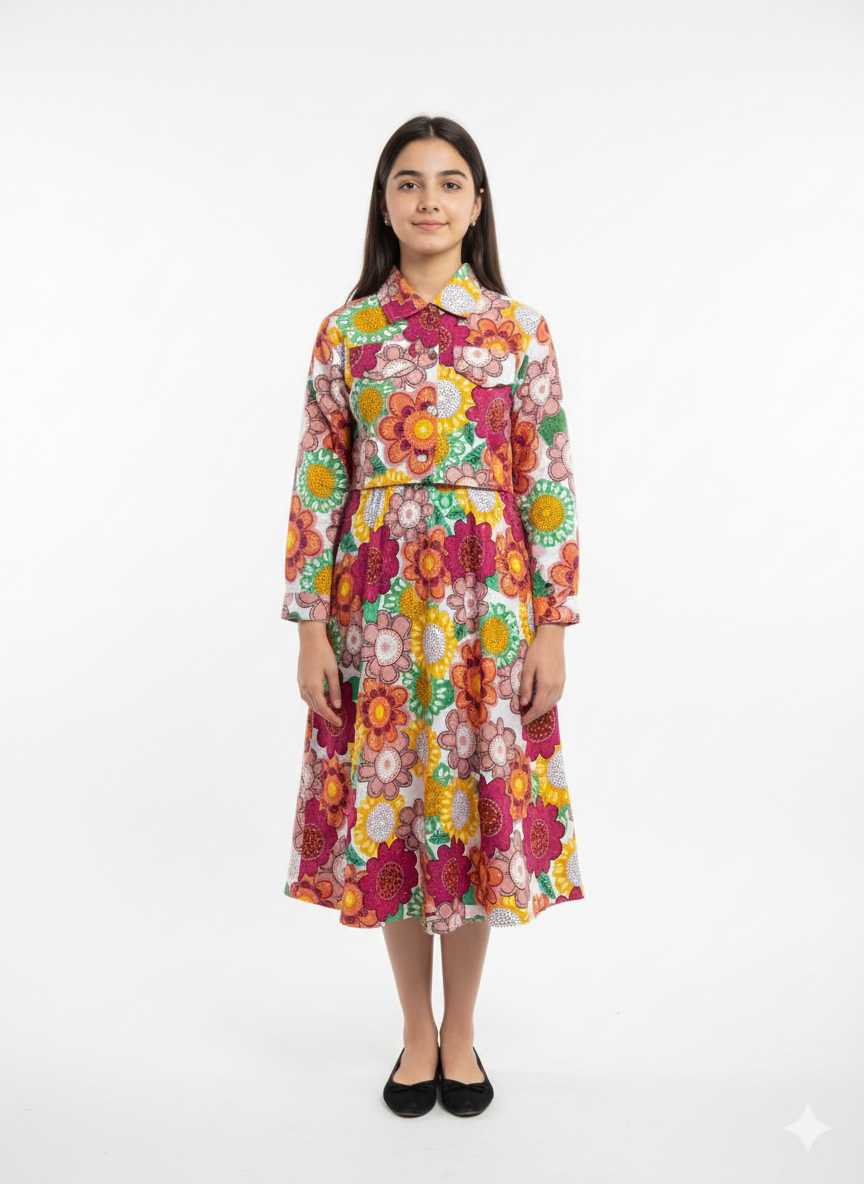 Girls' Retro Daisy Print Long Sleeve Button-Down Frock with Classic Collar and Flared Skirt