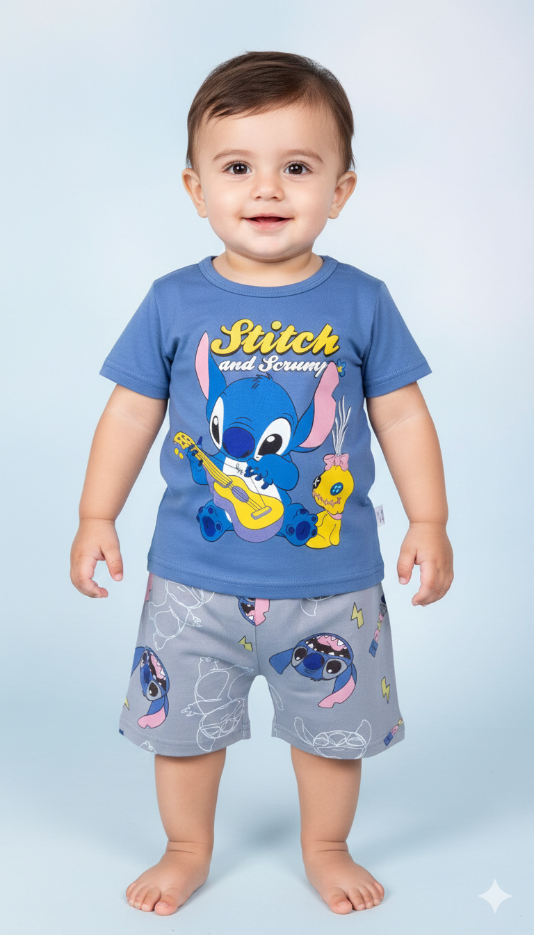 Fun Disney Stitch And Scrumpy Short Sleeve Baby Summer Set With Comfortable Cotton Matching Shorts