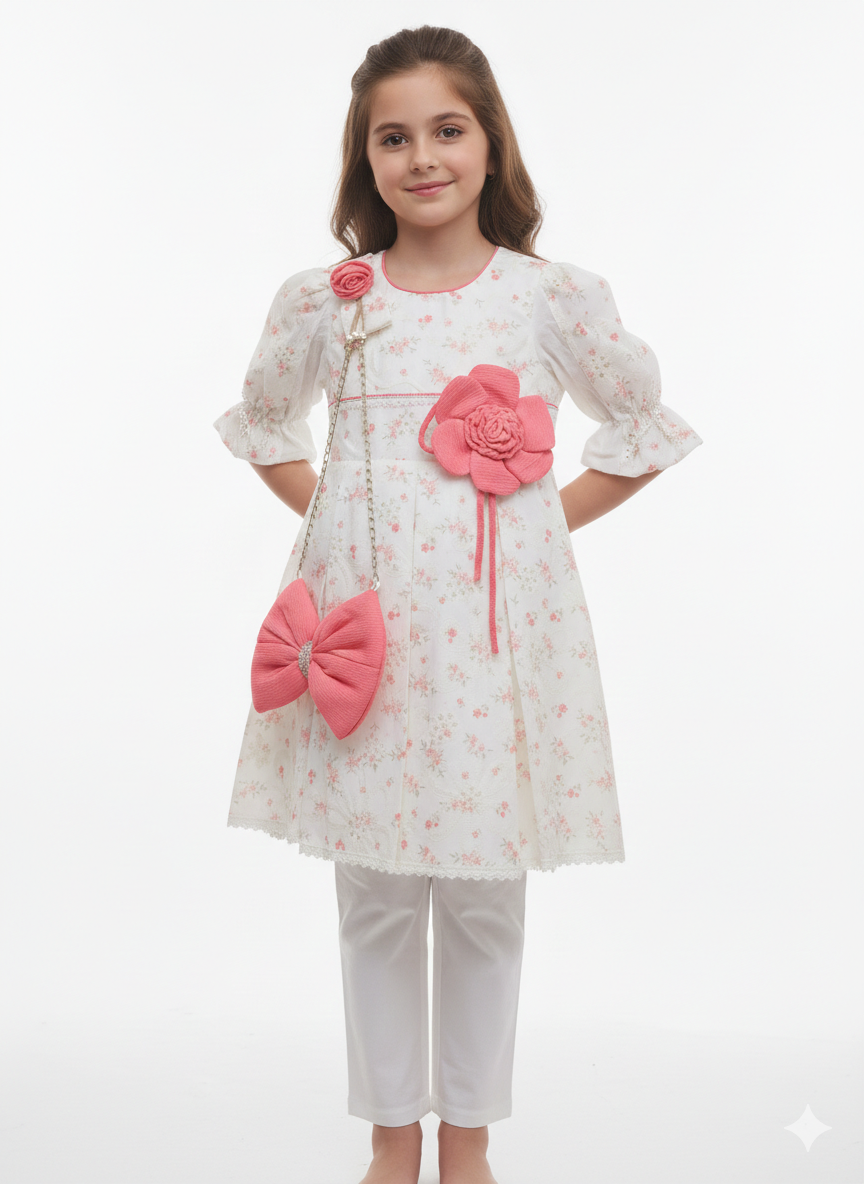 Girls' Floral Embroidered A-Line Tunic Set with 3D Flower Accents and Matching Bow Purse