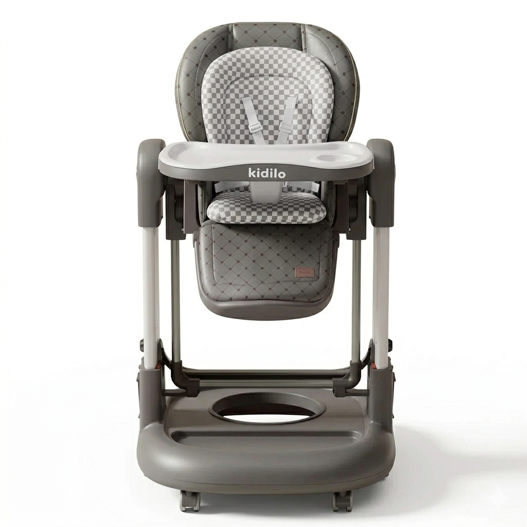 Kidilo Deluxe Adjustable High Chair with Reclining Seat, Removable Tray, and Rolling Swivel Wheels