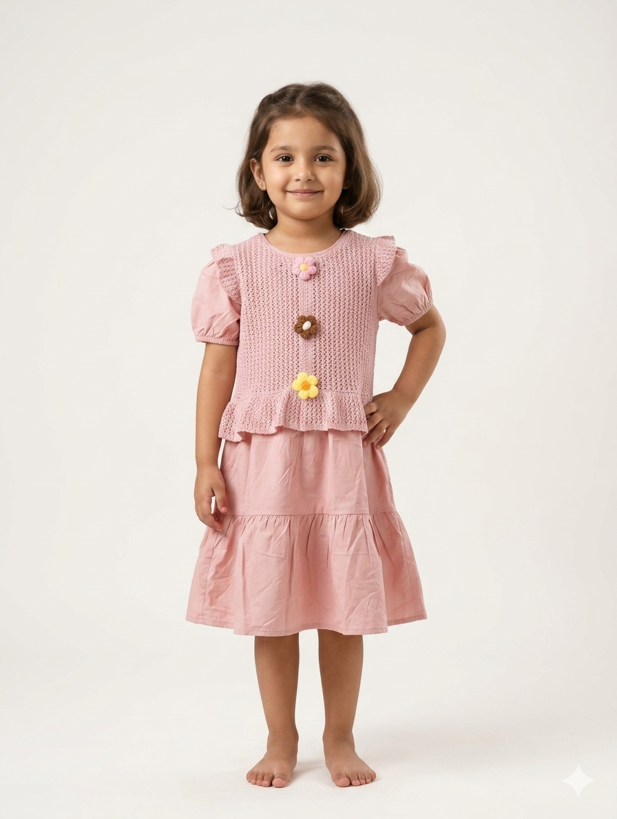 Girls Floral Accent Knit Vest and Tiered Cotton Dress Two Piece Summer Fashion Set