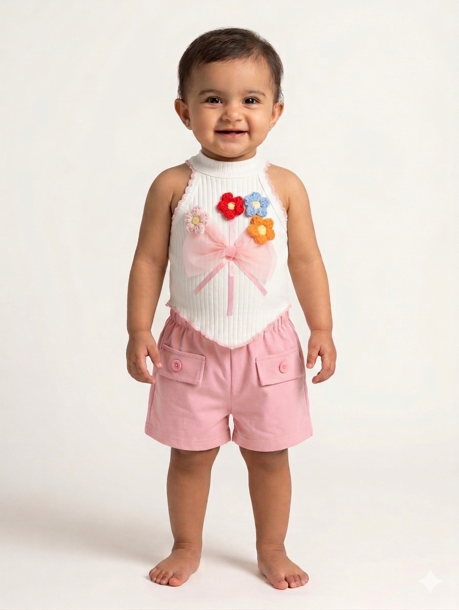 Two-Piece Toddler Summer Set Featuring Ribbed Floral Halter Top and Elastic Cargo Pocket Shorts