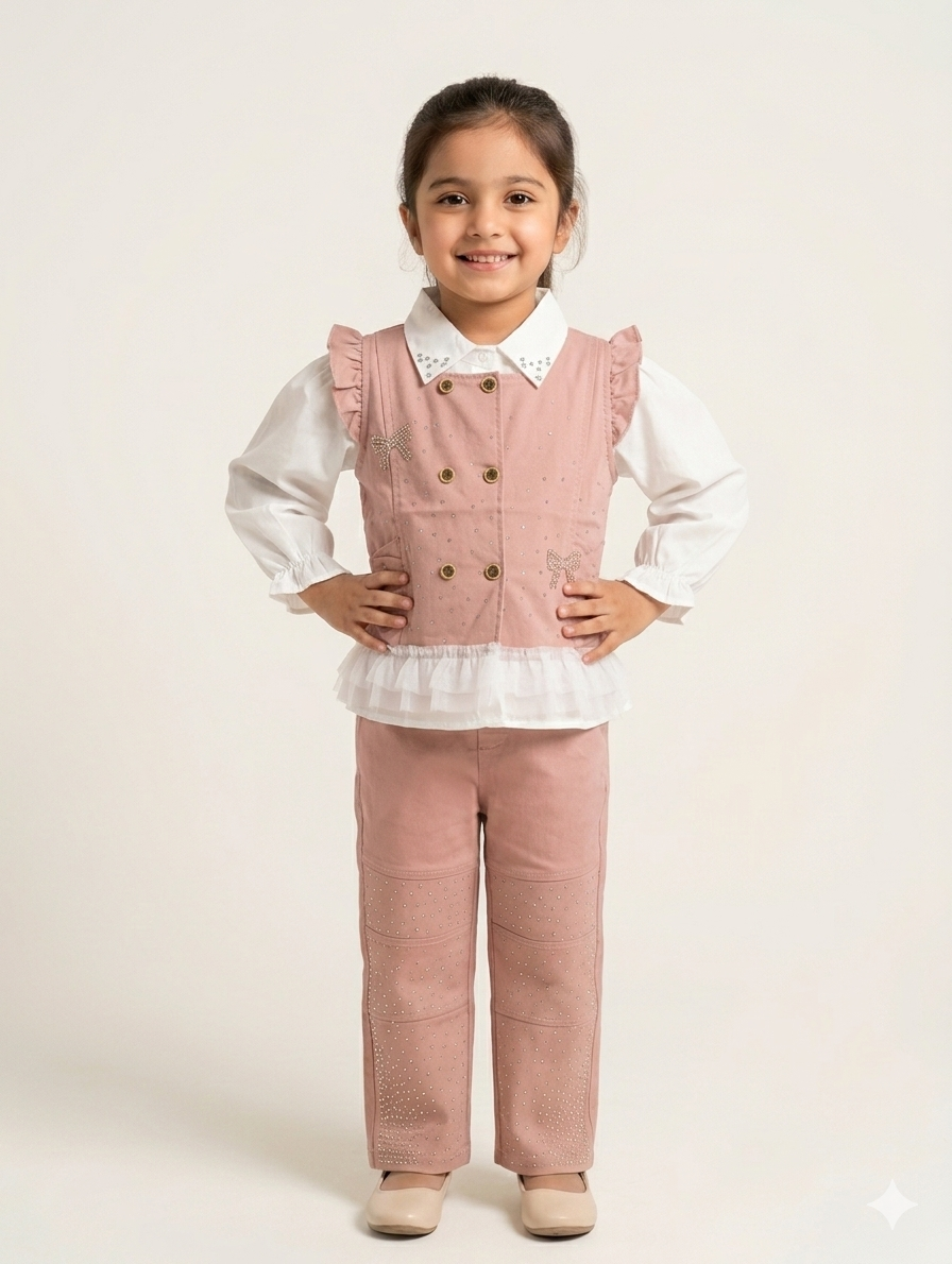 Girls' 3-Piece Ruffle Waistcoat Set with Embellished Bows and Matching Straight Leg Trousers