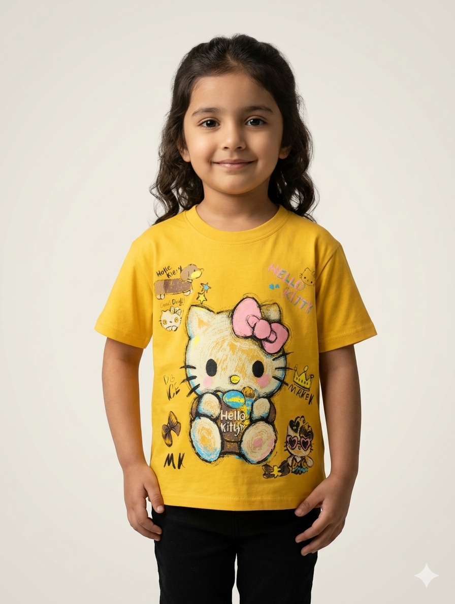 Girls Artistic Kitty Graphic Tee - Cute Crayon Style Sketch Character Short Sleeve Cotton Fashion Shirt