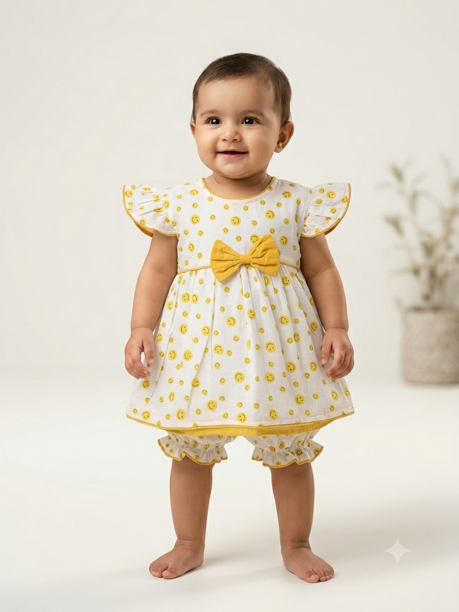 Adorable White Cotton Frock with Yellow Smiley Print and Matching Bloomer Set for Baby Girls