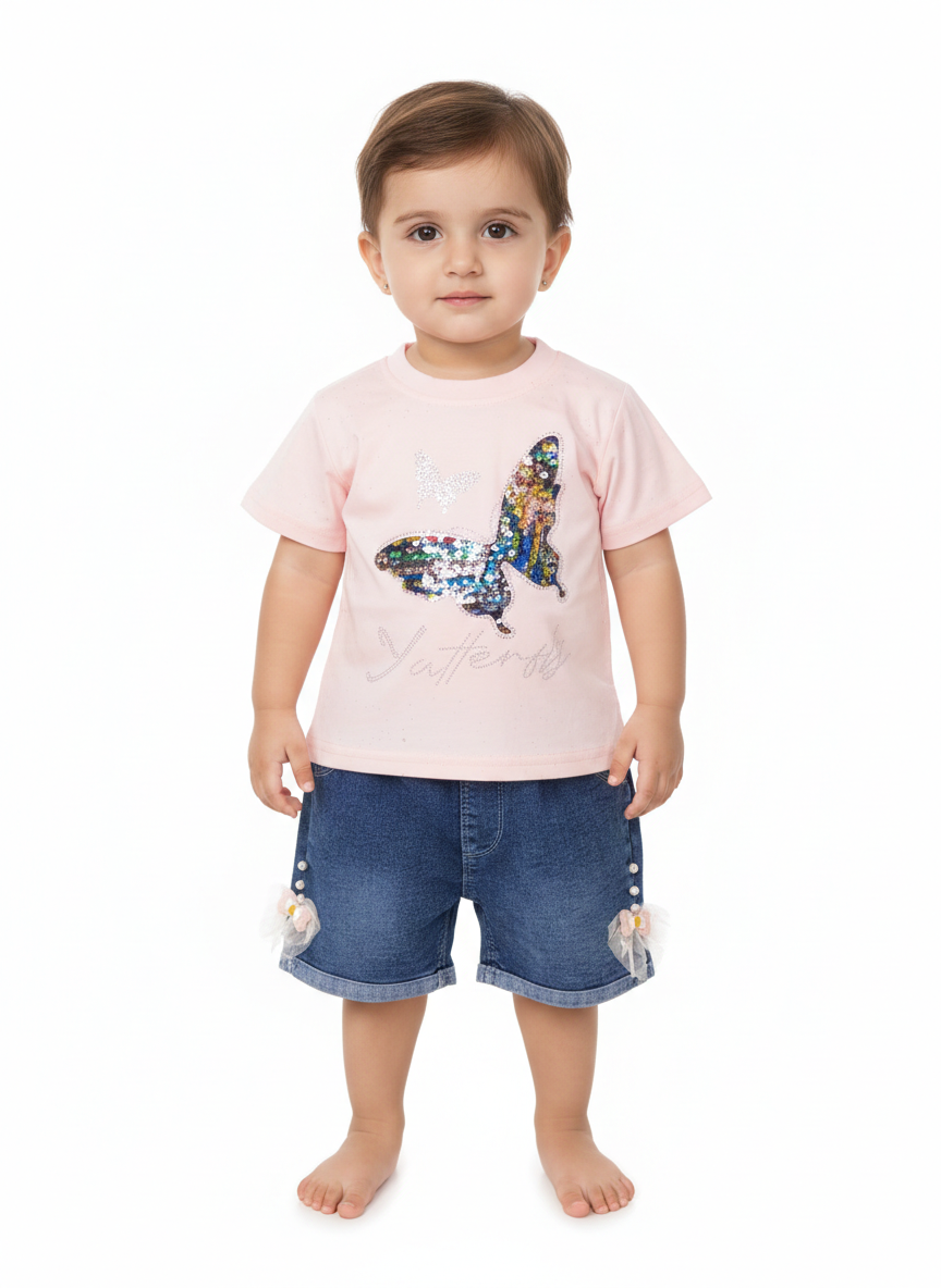 Toddler Girls’ Sequin Butterfly Graphic T-Shirt and Embellished Denim Shorts Two-Piece Summer Outfit Set