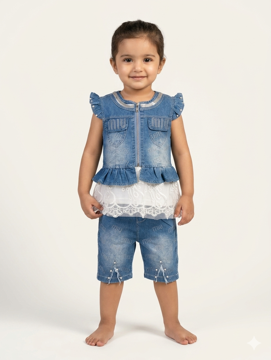 Girls Denim Vest and Shorts Set with Lace Detail and Rhinestone Accents