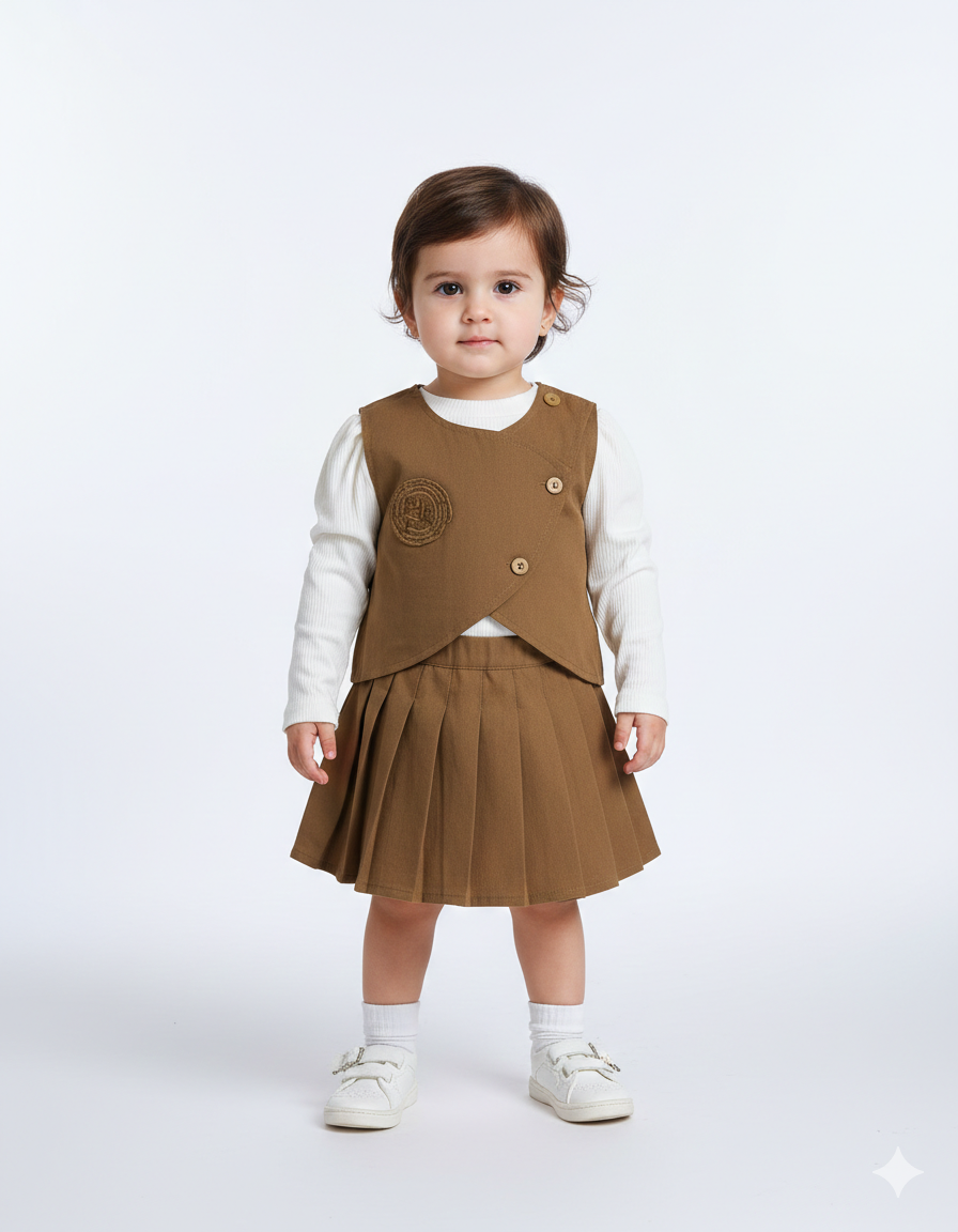Elegant Toddler Girls’ Three-Piece Dusky Pink Wrap Vest, Pleated Skirt, and Ribbed White Inner.