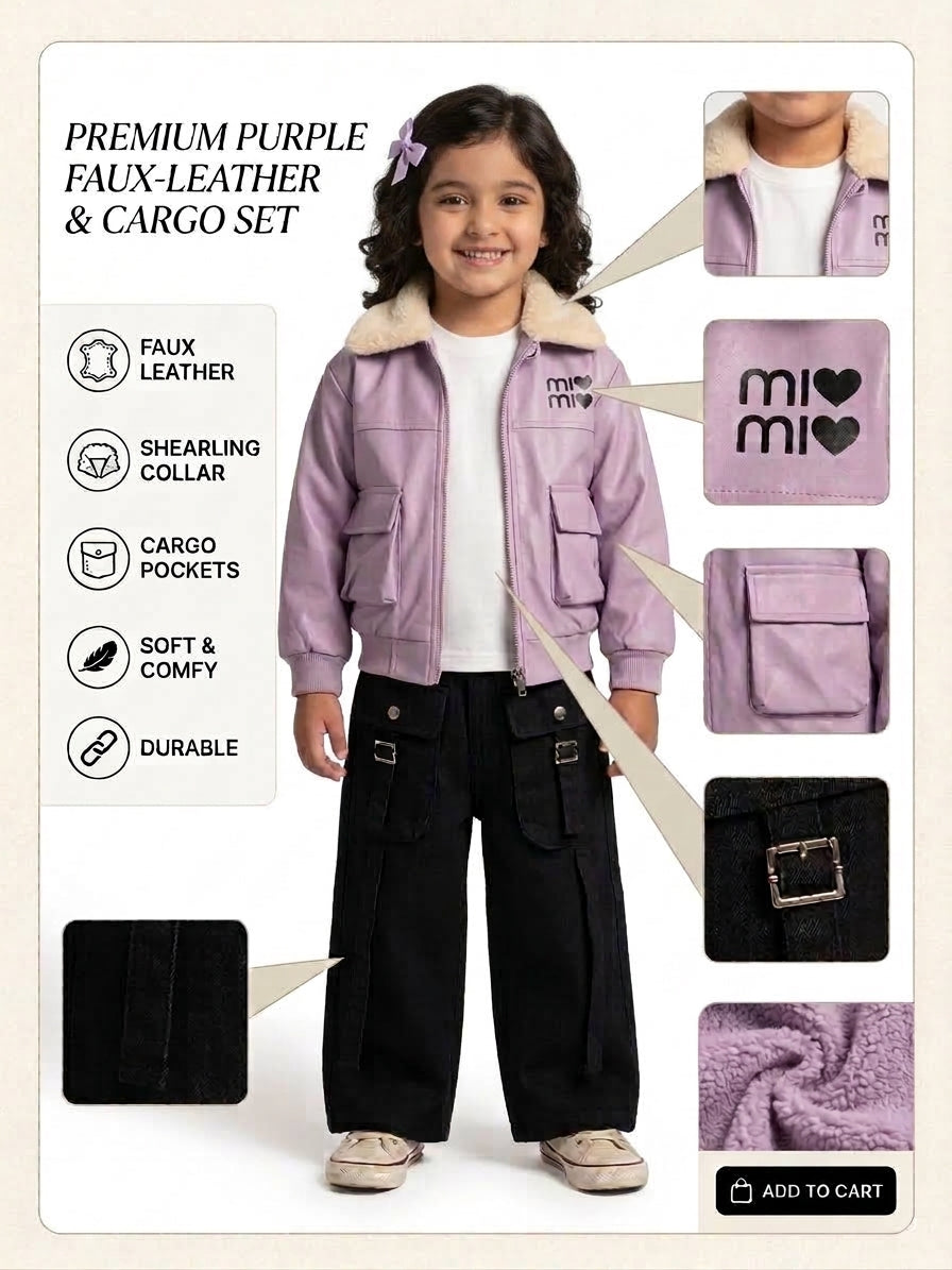 Girls Lavender Faux Leather Fur Collar Jacket Three Piece Suit Set With White Inner T-Shirt