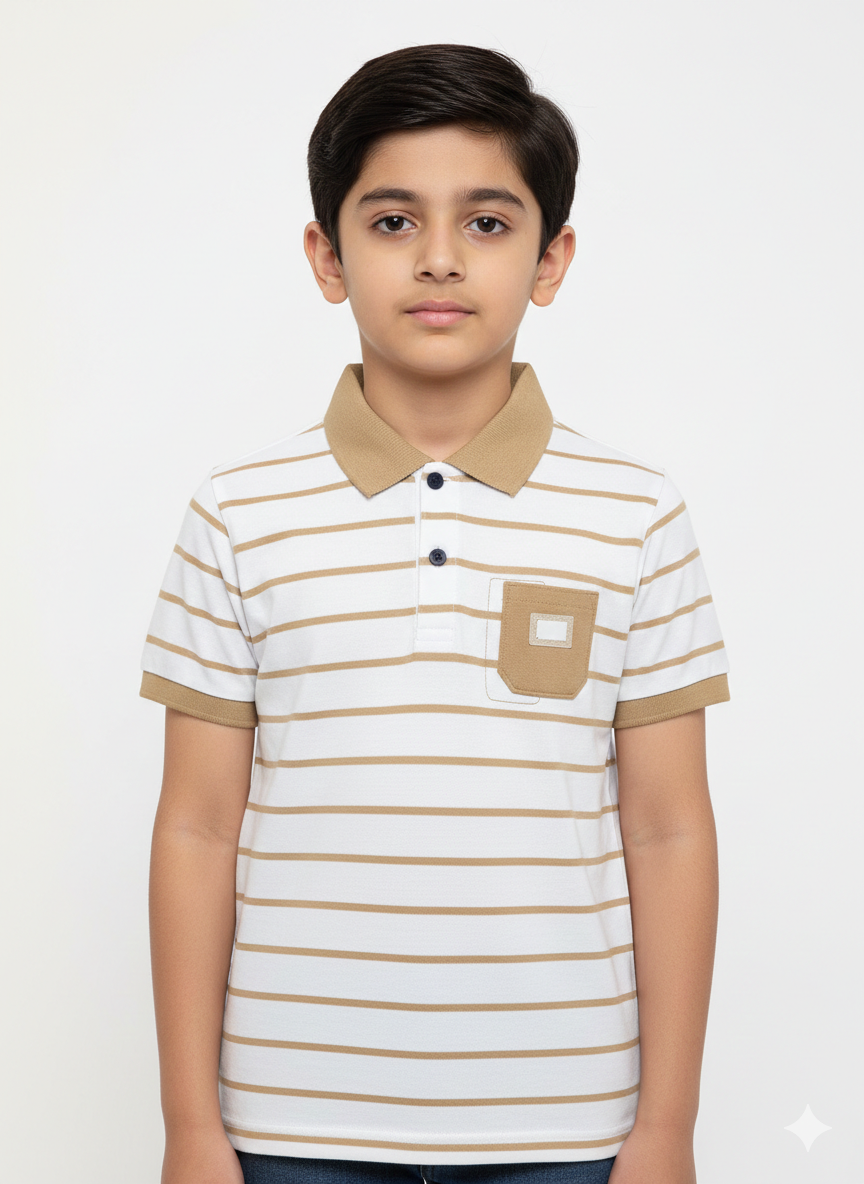 Classic Minimalist Style Featuring A Young Boy In A Two Tone Tan And White Striped Polo