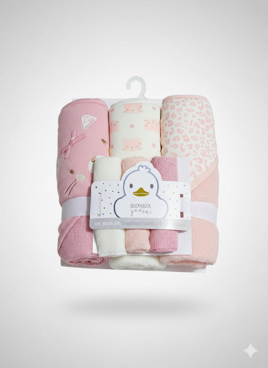 Duck Duck Goose Baby Girl 6-Piece Bath Set | 3 Hooded Towels 3 Washcloths | Kitty Cat