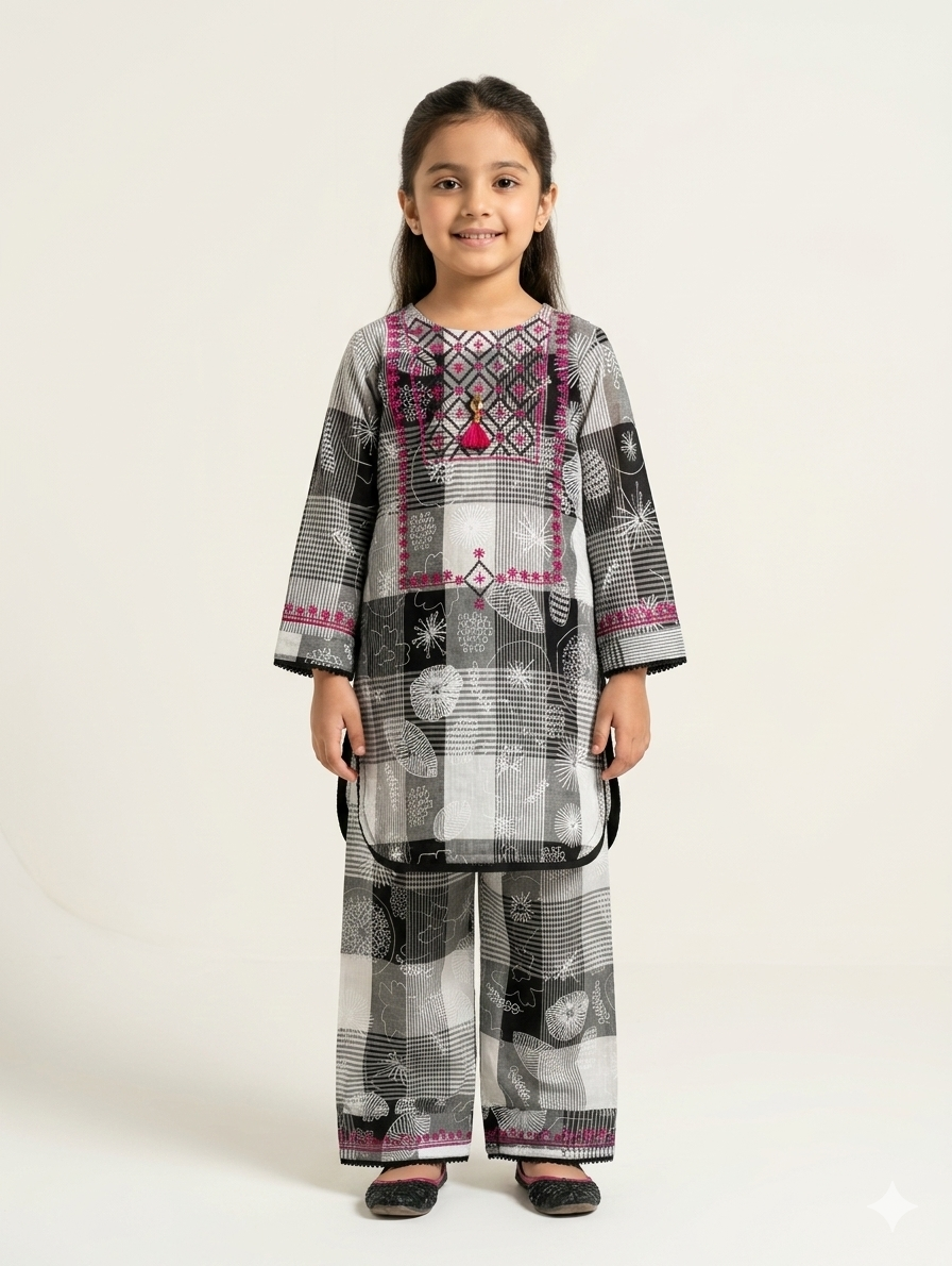 Girls Soft Grey Striped Cotton Kurta Set with Blue Floral Embroidery and Matching Straight Pants
