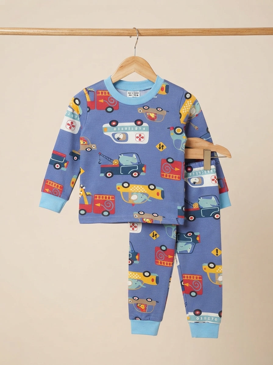 Kids blue vehicle print sweatshirt and matching trouser set for daily casual wear.