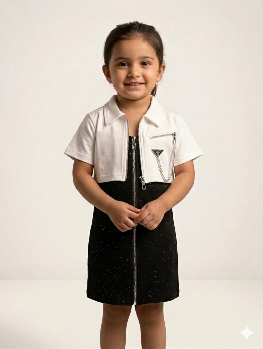 Girls Designer Inspired Zip-Front Dress and Bolero Set – Trendy Two-Piece Fashion Outfit