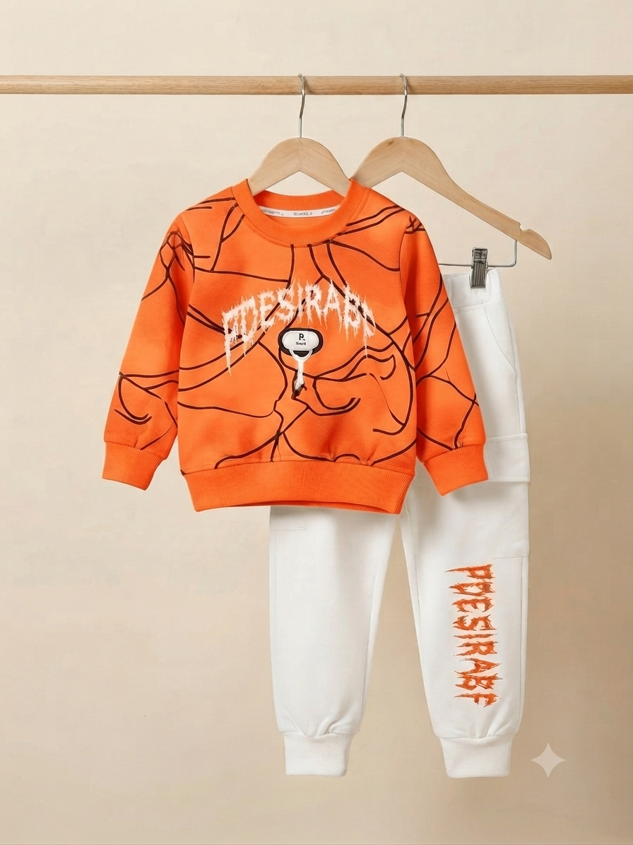 Stylish Graphic Print Kids Fleece Sweatshirt And White Joggers Casual Winter Outfit Set