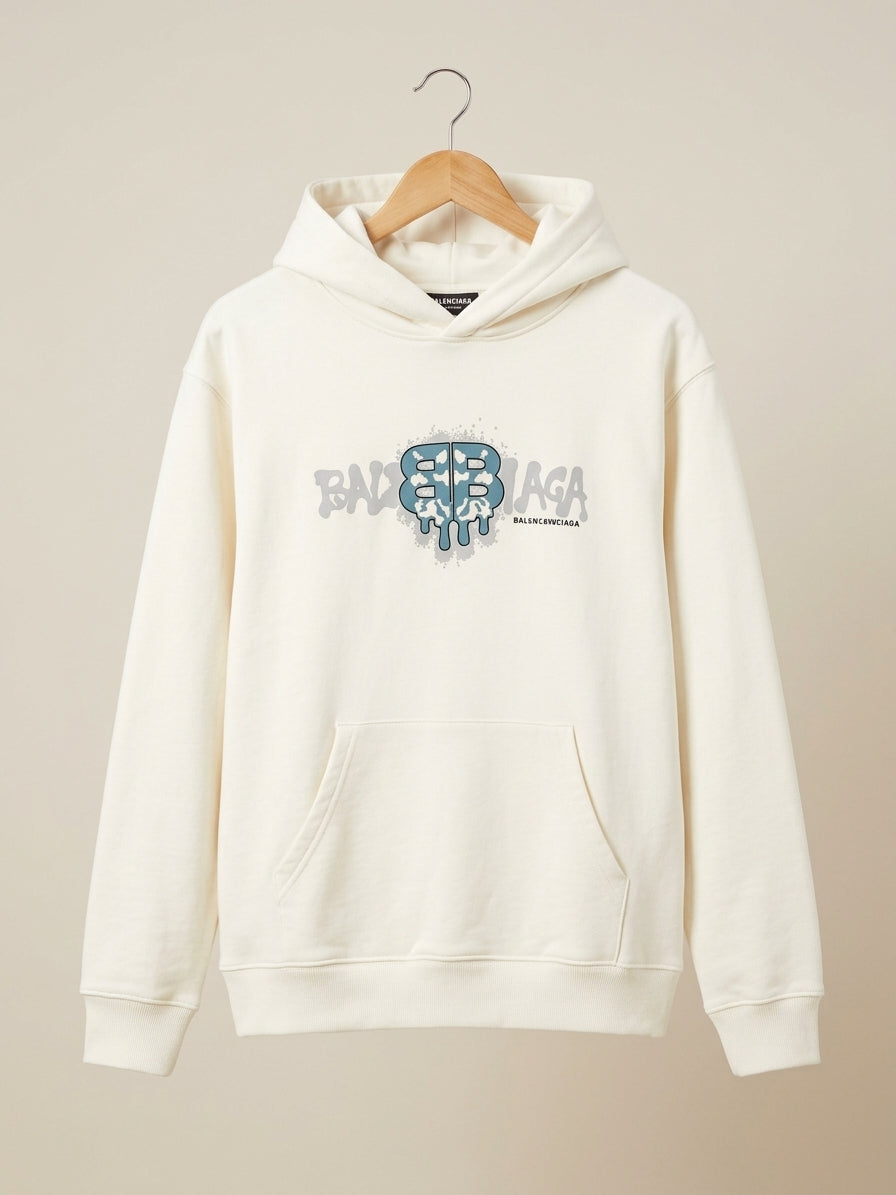 Men Off White Black Graffiti Printed Oversized Fleece Hoodie Streetwear Winter Collection Casual Pullover