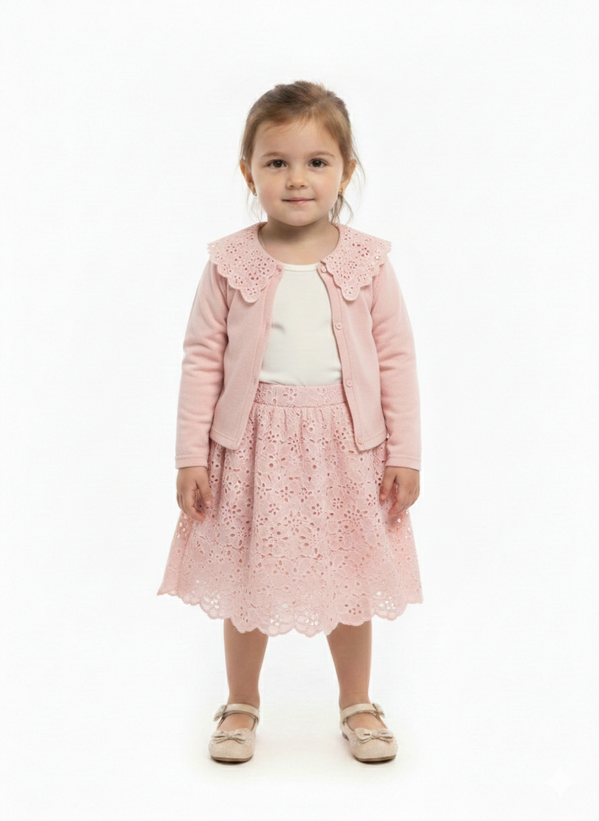 Elegant Toddler Girls Pink Eyelet Lace Skirt Set with Scalloped Collar Cardigan and Top
