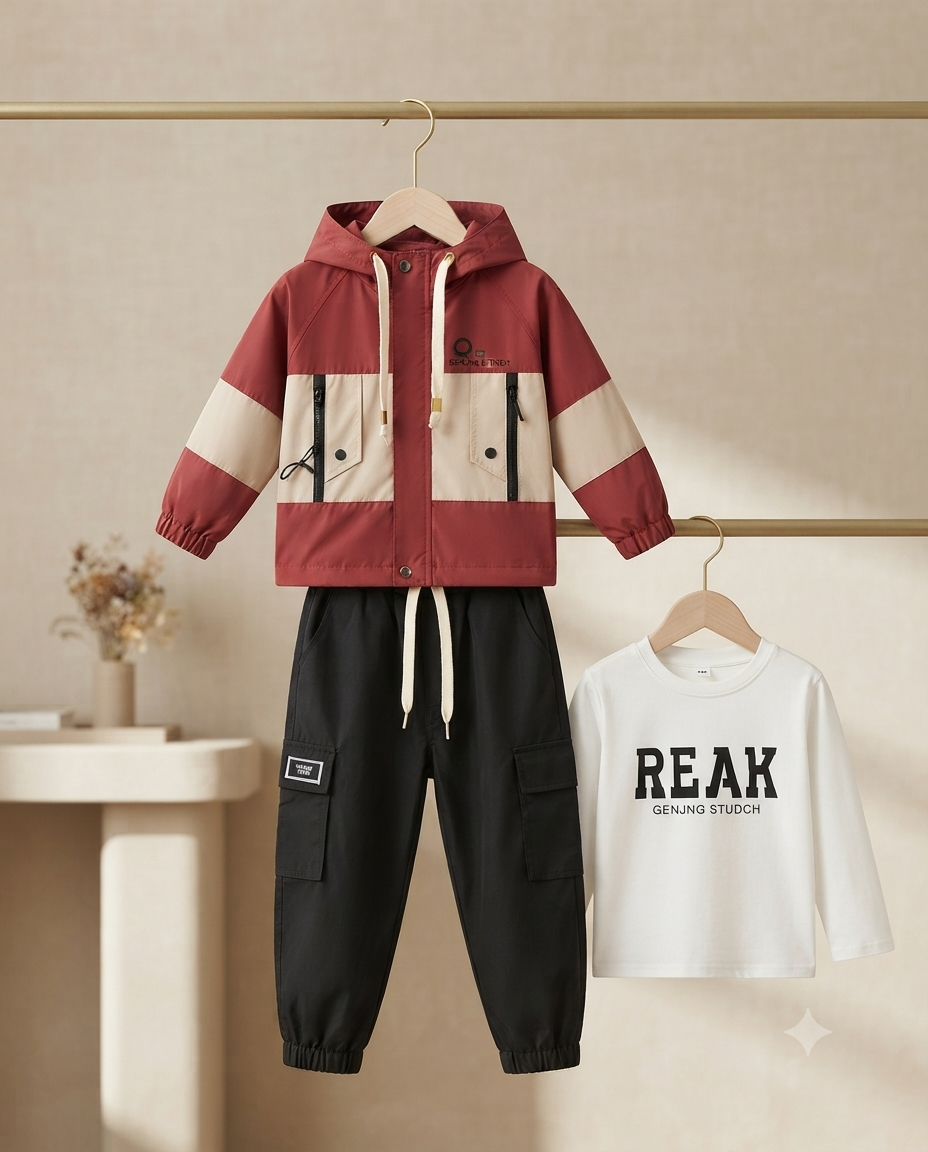 Stylish Utility Hooded Jacket Set With T-shirt And Cargo Pants For Kids