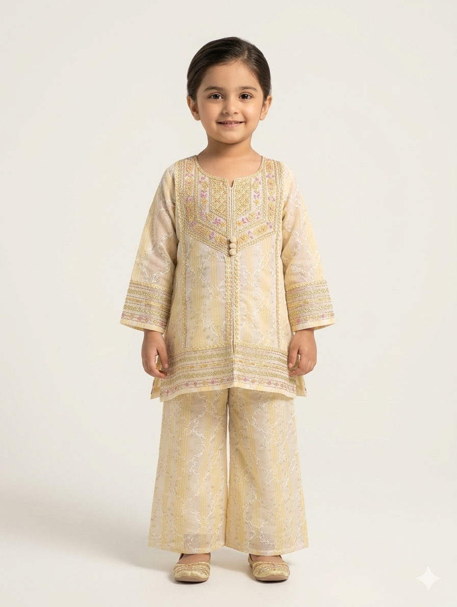 Girls' Hand-Embroidered Pastel Lawn Suit Set with Intricate Mirror Work and Matching Wide-Leg Trousers