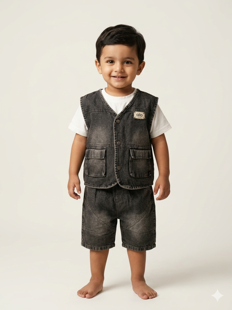 Boys Three-Piece Denim Waistcoat and Shorts Set with White Tee - Trendy Summer Outfit