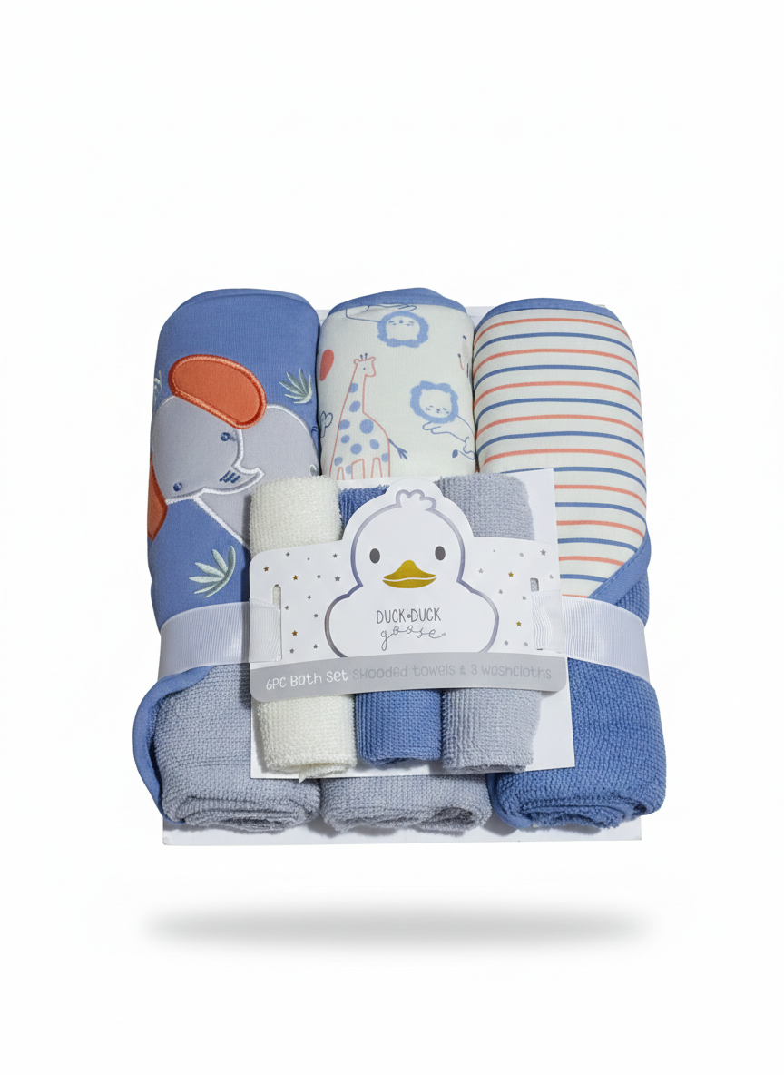 Duck Duck Goose Baby Boy 6-Piece Bath Set | 3 Hooded Towels 3 Washcloths | Elephant Safari