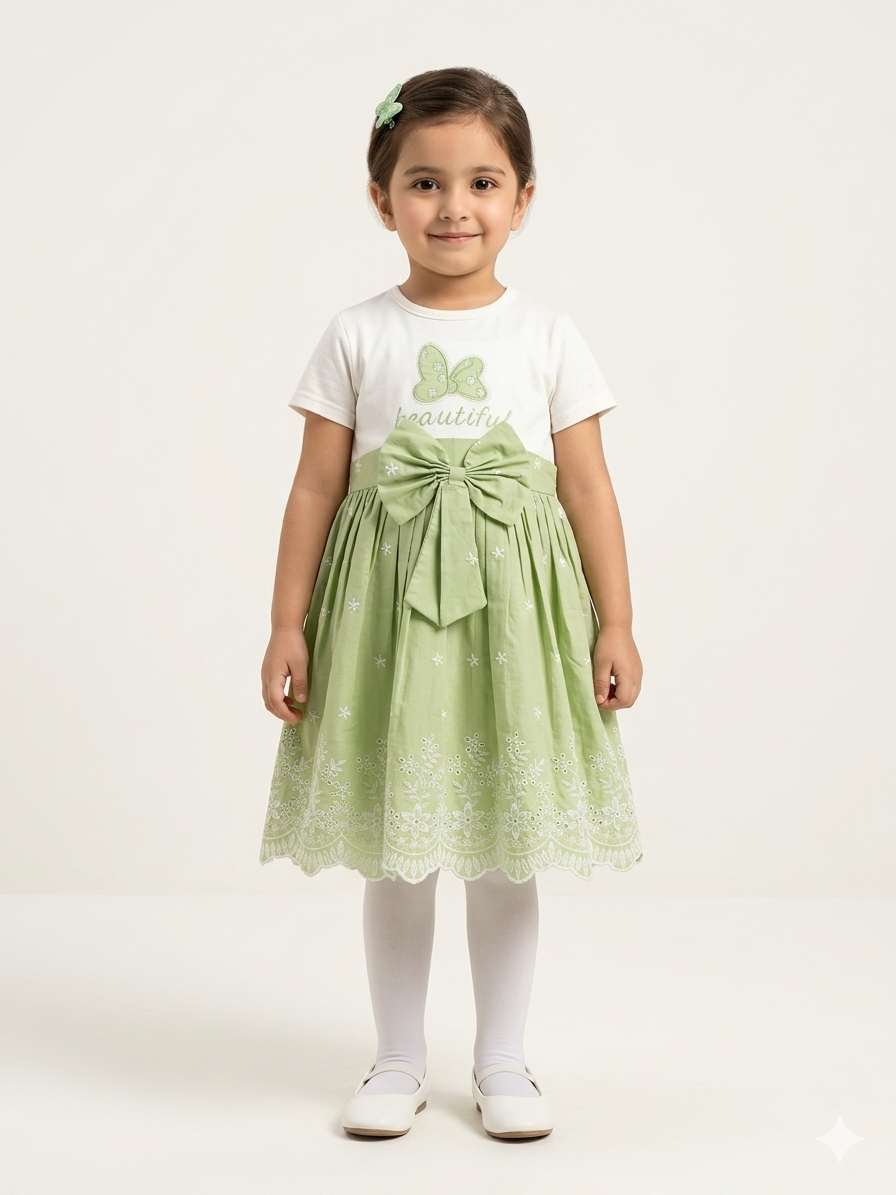 Charming Butterfly Embroidered Girl's Party Dress - Soft Cotton Fabric in Green Pink and Yellow