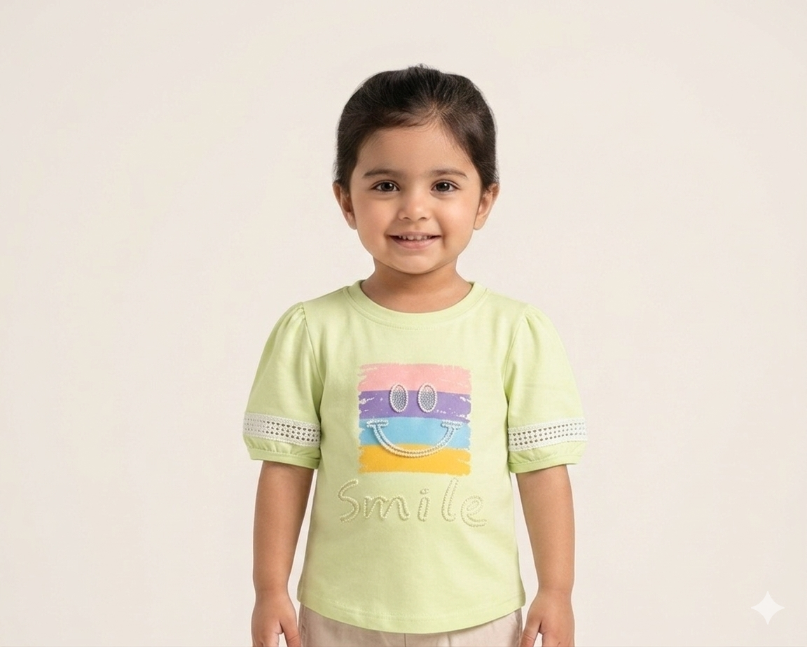 Little Girls' Smile Graphic Puff Sleeve Cotton T-Shirt in Pastel Lime and Soft White