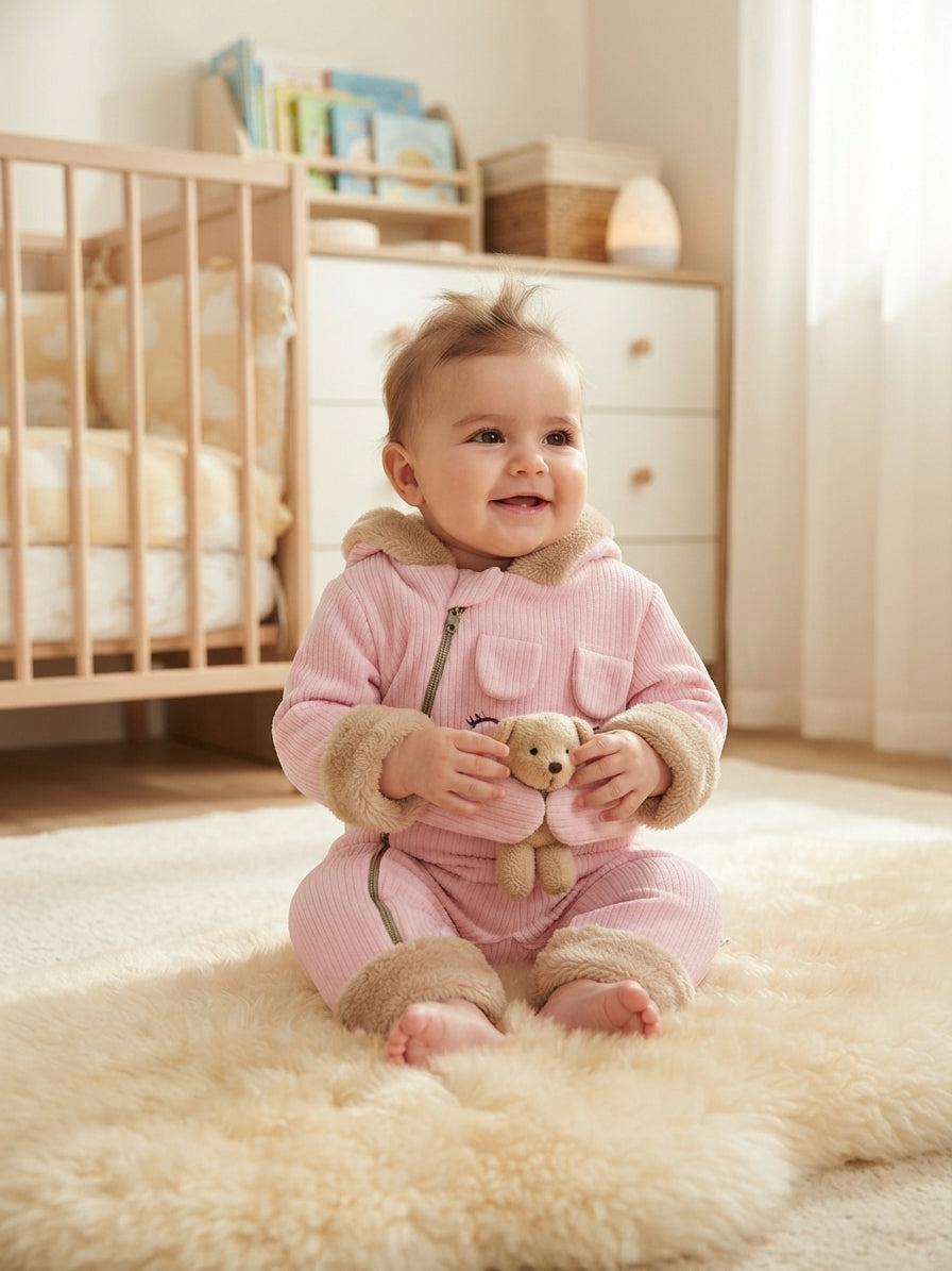 Stylish Baby Winter Hooded Romper With Cute Hugging Teddy Bear Outfit