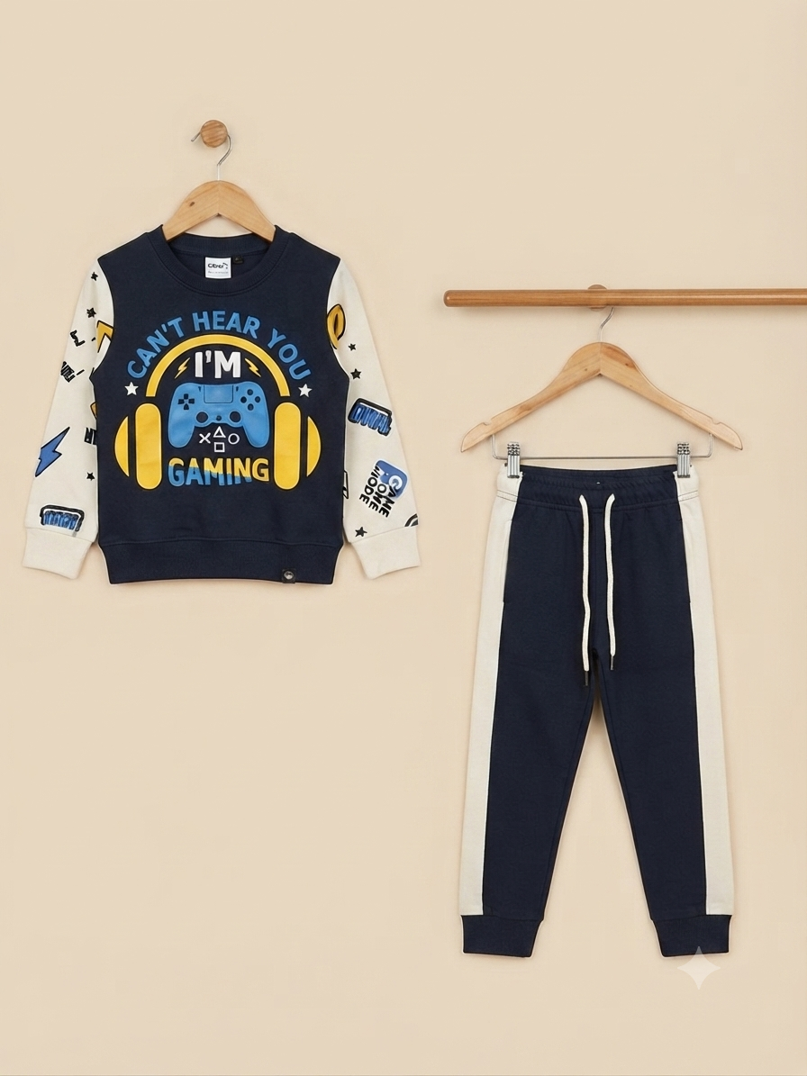 Stylish Boys Gaming Graphic Sweatshirt With Matching Full Length Side Striped Trousers Outfit