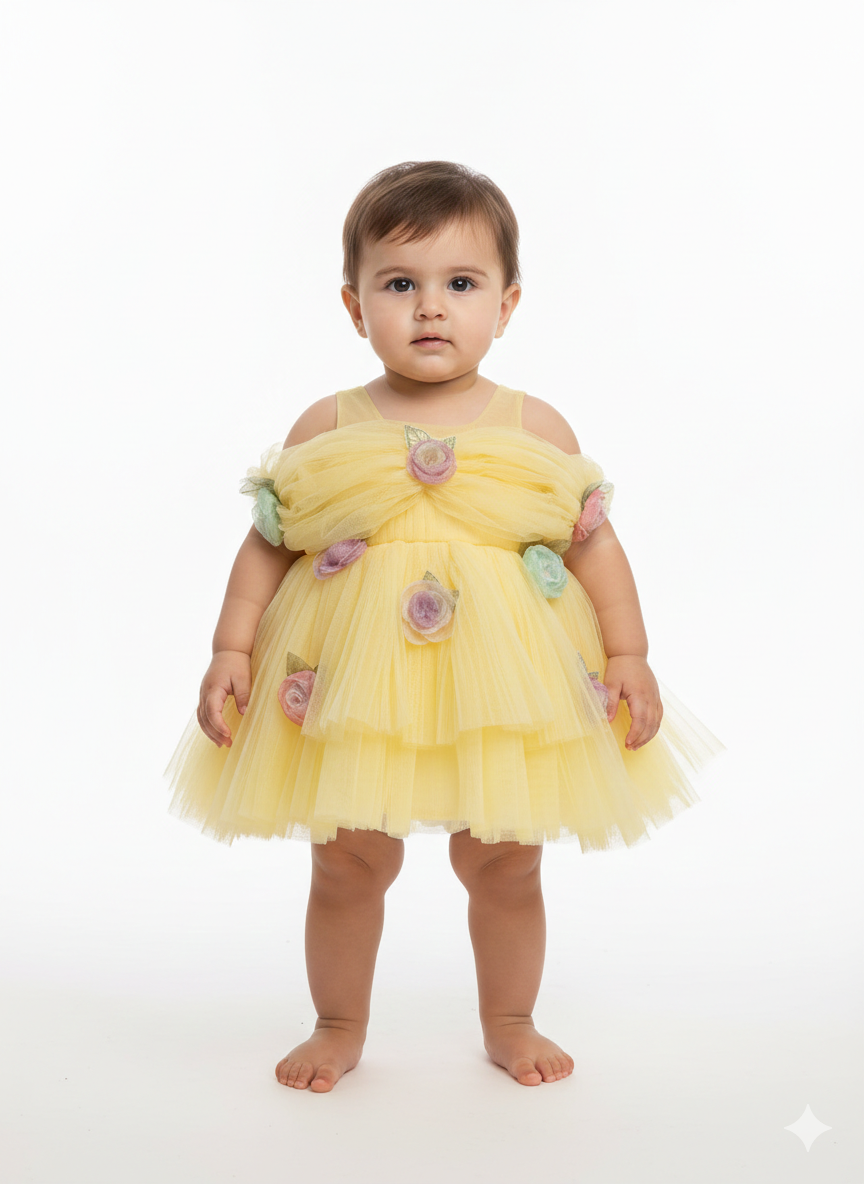Baby Girls' Floral Tulle Party Dress - Elegant Layered Princess Frock for Special Occasions