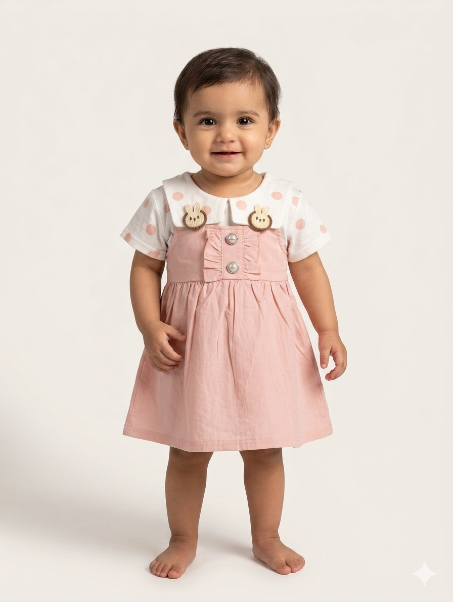 Adorable Baby Girl Polka Dot Pinafore Dress Set with Cute Bunny Accent Details