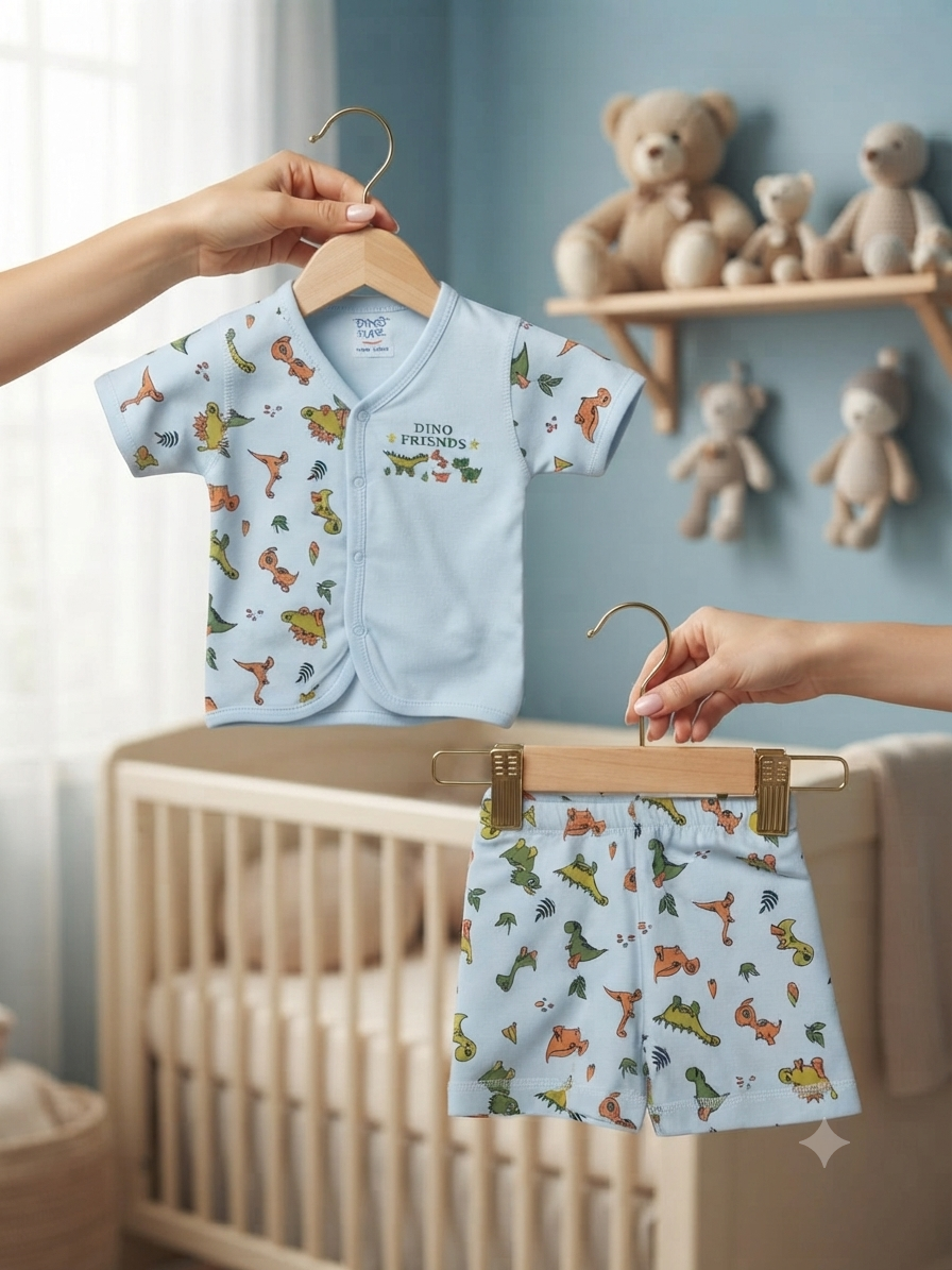 Soft Cotton Dino Friends Printed Baby Summer Set Short Sleeve Shirt And Shorts